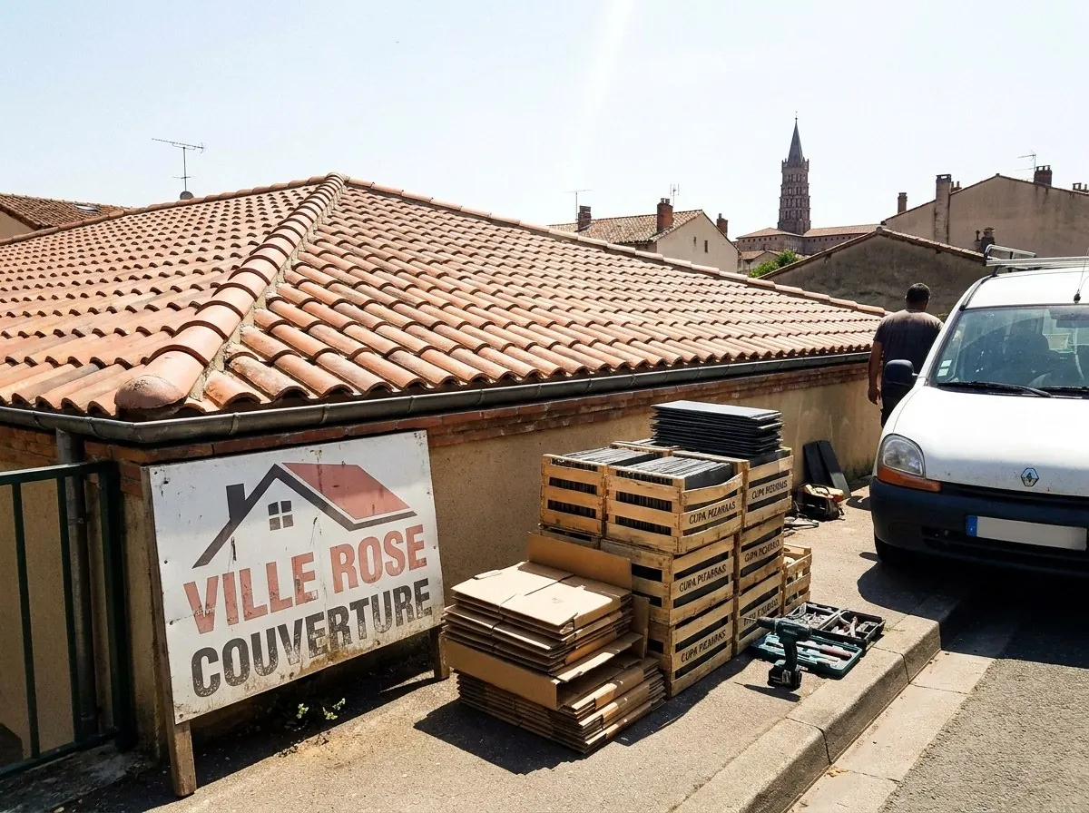 Toiture en tuile canal terminée à Toulouse, panneau de chantier Ville Rose Couverture et matériaux rangés le long du mur