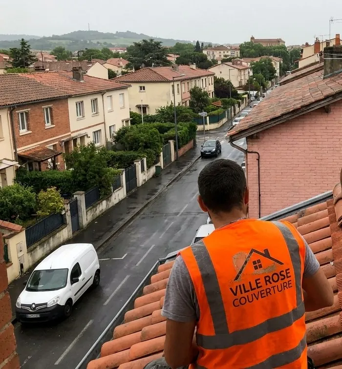Couvreur de Ville Rose Couverture sur un toit en tuile canal au-dessus d'une rue résidentielle de Toulouse
